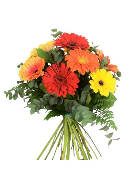 Ramo de gerberas. Gerberas naranjas, gerberas amarillas, gerberas naranjas.
