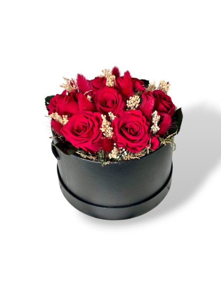 Caja de rosas preservadass, liofilizadas, rojas. con envio a domicilio 24h.