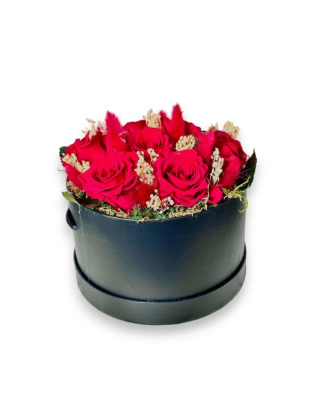 Caja de rosas preservadass, liofilizadas, rojas. con envio a domicilio 24h.
