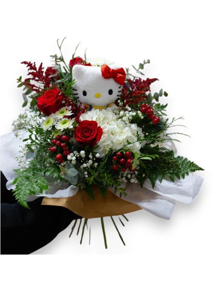Ramo de flores con Peluche Hello Kitty con envio a domicilio 24h.