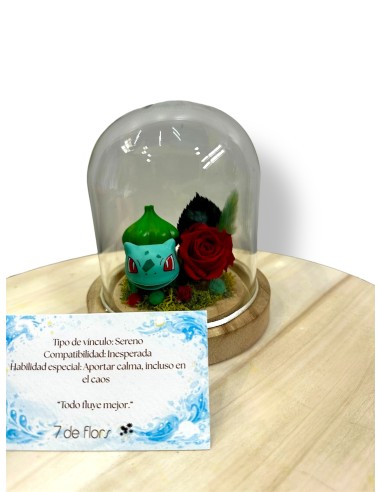 Cúpulas Pokémon con flores preservadas. Regalo original, artesanal y sin mantenimiento. Diseño único con tus Pokémon favoritos