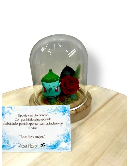 Cúpulas Pokémon con flores preservadas. Regalo original, artesanal y sin mantenimiento. Diseño único con tus Pokémon favoritos