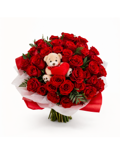 Ramo de 30 rosas rojas con peluche | Rosas rojas a domicilio | Floristería online envío flores