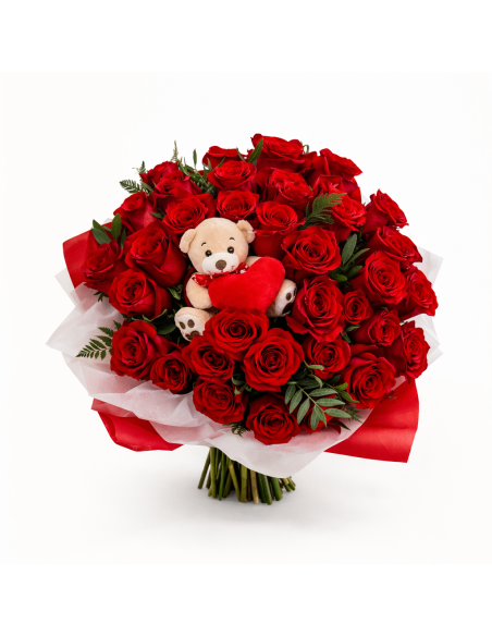 Ramo de 30 rosas rojas con peluche | Rosas rojas a domicilio | Floristería online envío flores