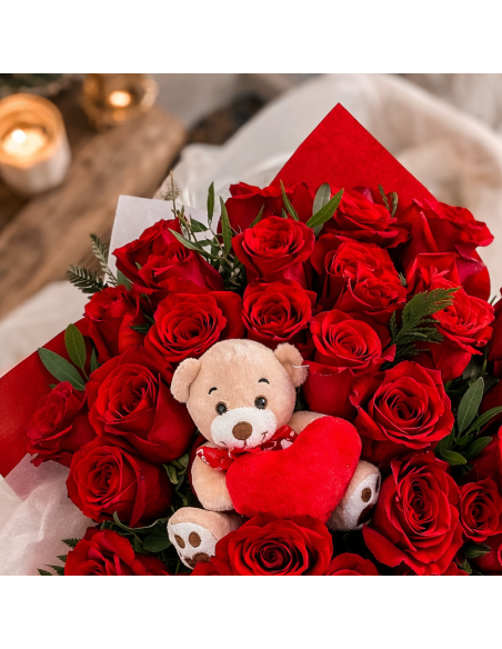 Ramo de 30 rosas rojas con peluche | Rosas rojas a domicilio | Floristería online envío flores
