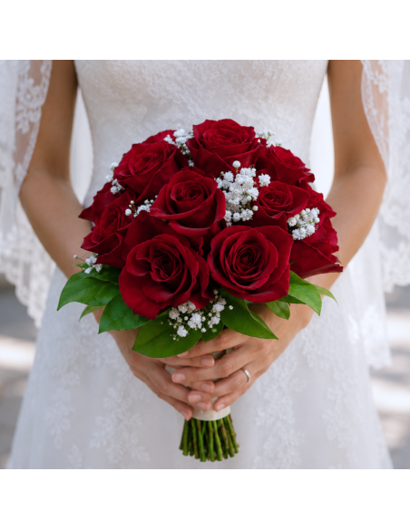 ramo para boda de rosas rojas . ramo clásico. ramo con rosas y paniculata.